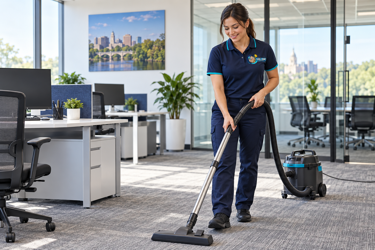 1Call4Shine commercial cleaning professional vacuuming a modern office